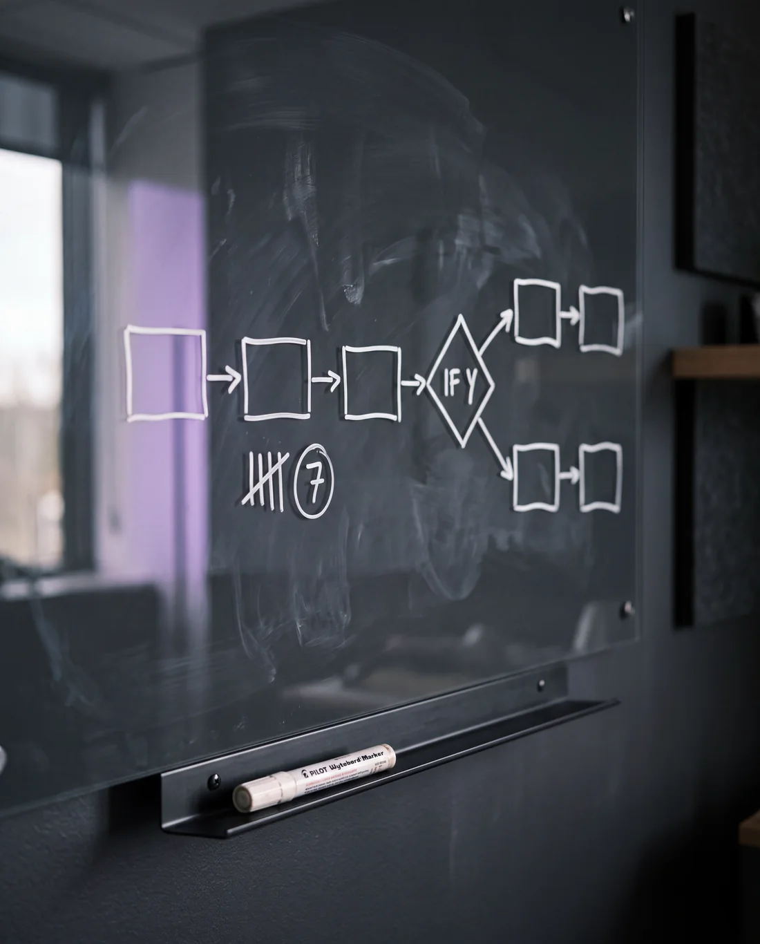 About Us A customer journey sketched in white marker on a dark glass whiteboard.